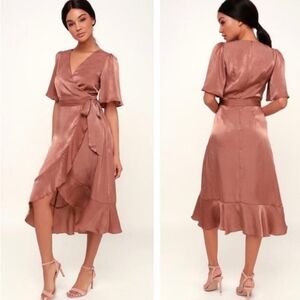 Lulus Wrapped Up In Love Mauve Satin Faux-wrap Midi Dress Women's Size Large